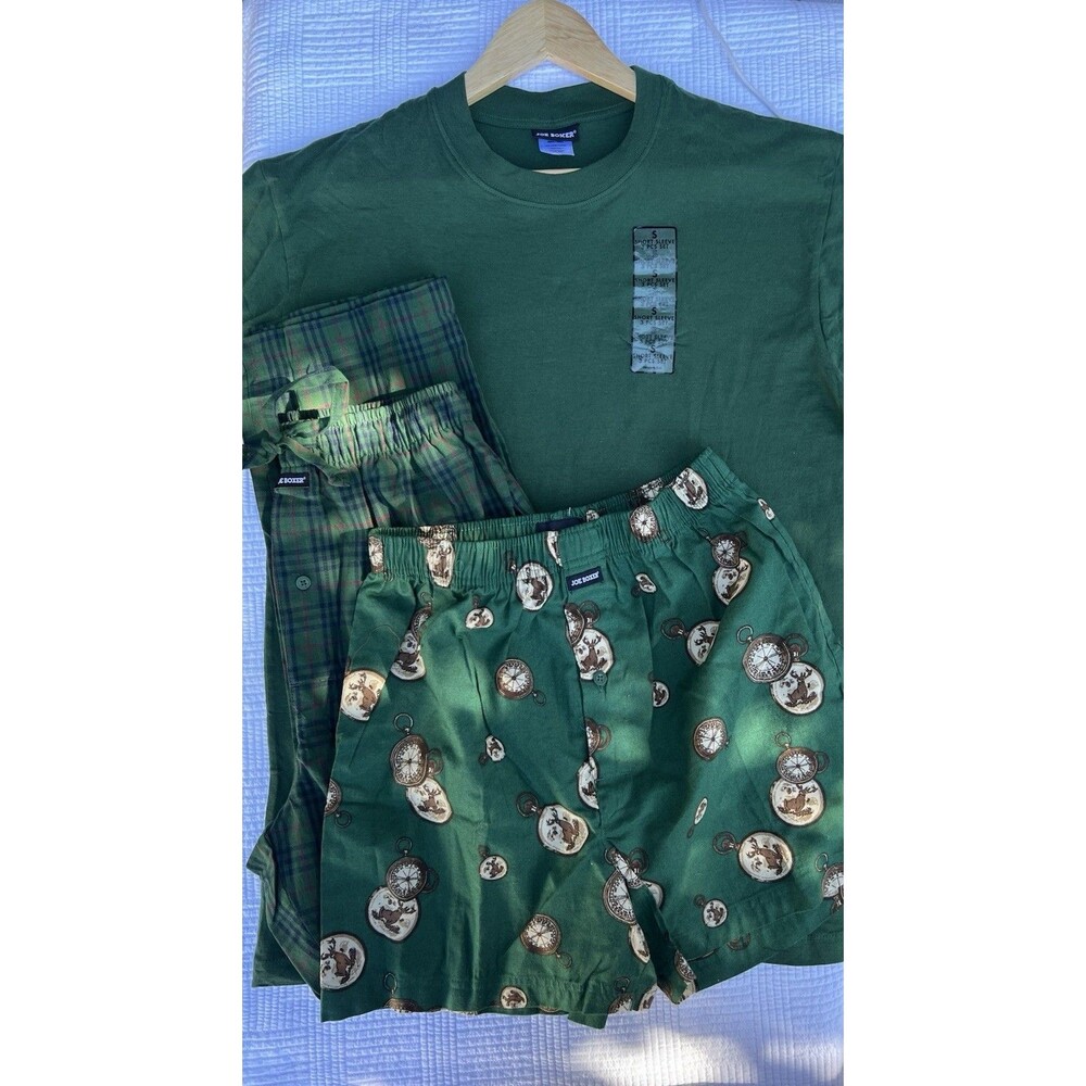 Joe Boxer 3 Pc Pajama Set Small Green Cotton Tee Boxers Pants Plaid NWT
